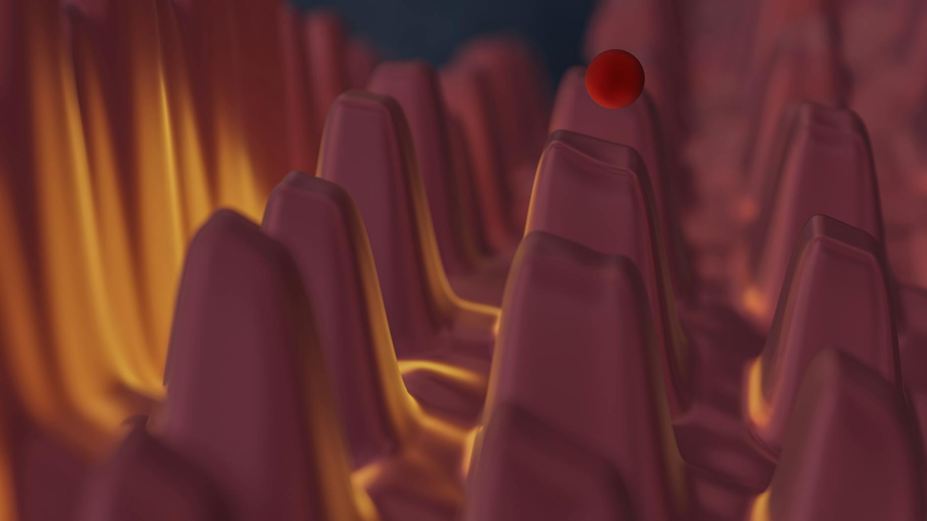 Abstrakcyjny krajobraz 3D z czerwoną kulą na szczycie wierzchołka